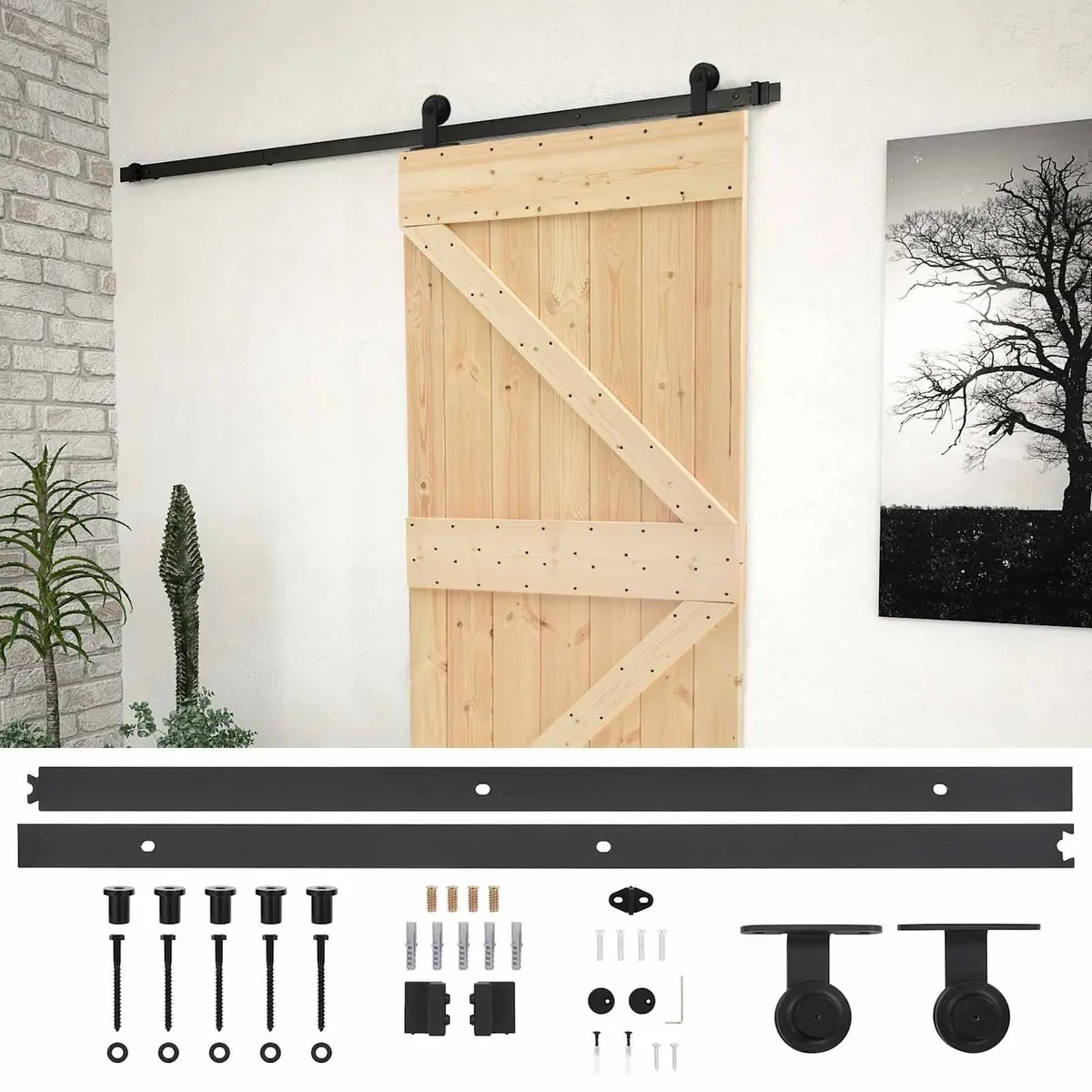 Sliding Door Solid Pine Wood Natural Brown Modern Interior Space-Saving 90x210cm