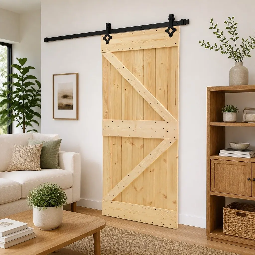 Sliding Door 100 x 210 cm Solid Pine Wood Natural Black Modern Space-Saving