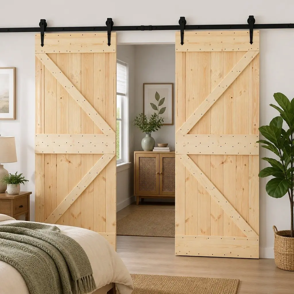 Solid Pine Wood Sliding Door 2 pcs Modern Interior Room Partition Space Saving Natural Wood and Black Top-hung System