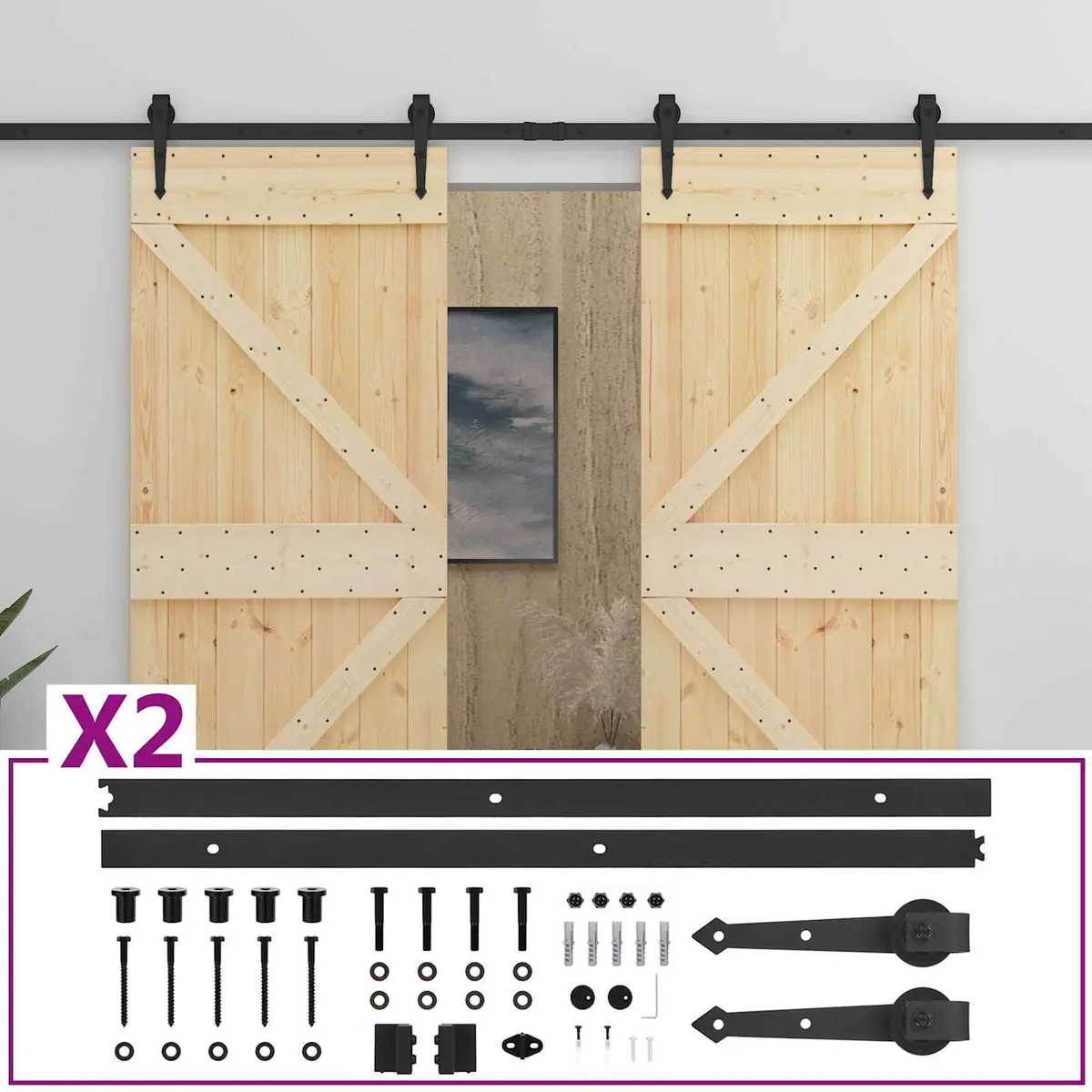 Solid Pine Wood Sliding Door 2 pcs Modern Interior Room Partition Space Saving Natural Wood and Black Top-hung System