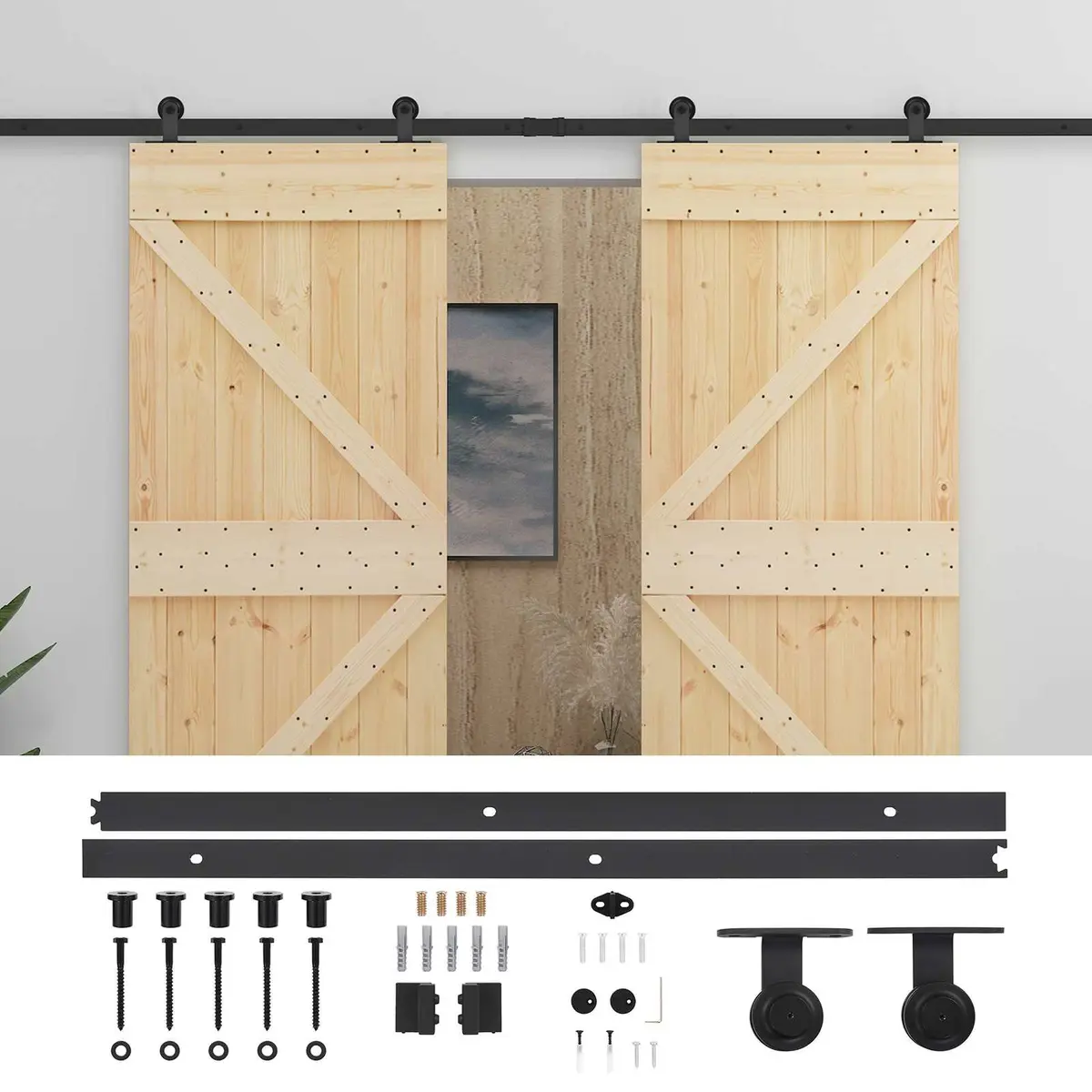 Sliding Door 2 Pcs Solid Pine Wood Modern Room Divider Space Saving Track System