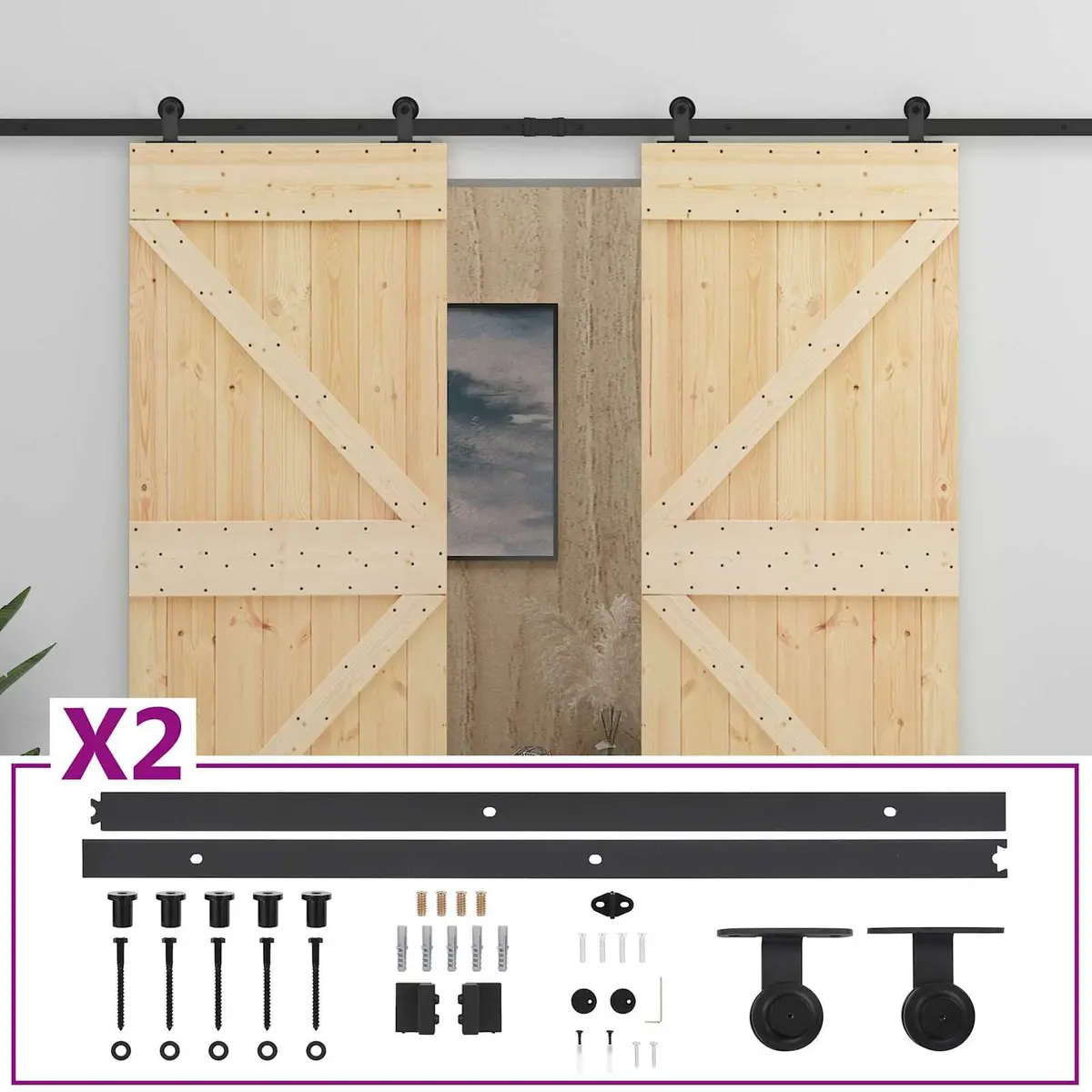 Sliding Door 2 Pcs Solid Pine Wood Modern Room Divider Space Saving Track System