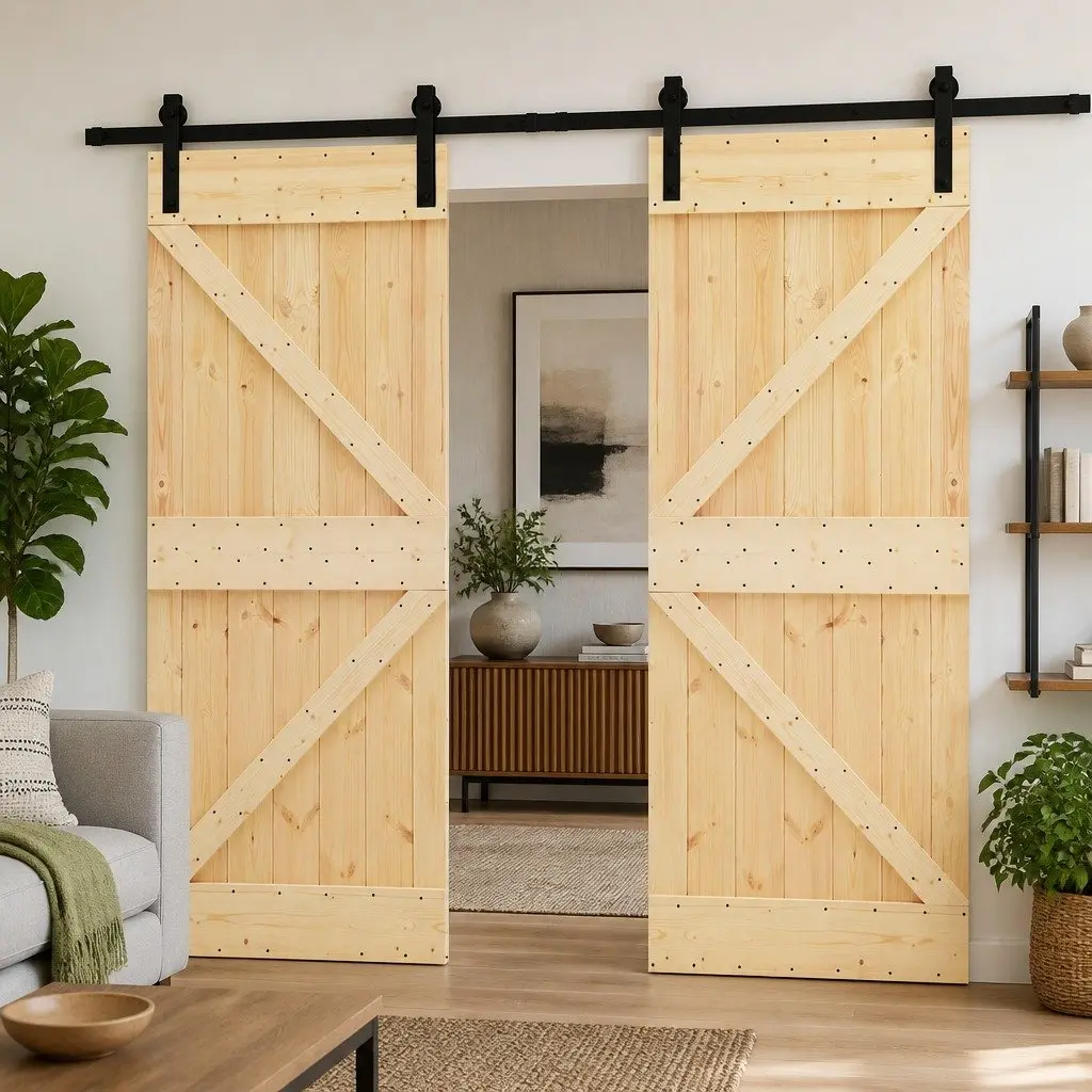 Sliding Door Solid Pine Wood 2 pcs Natural Black Modern Interior Room Divider
