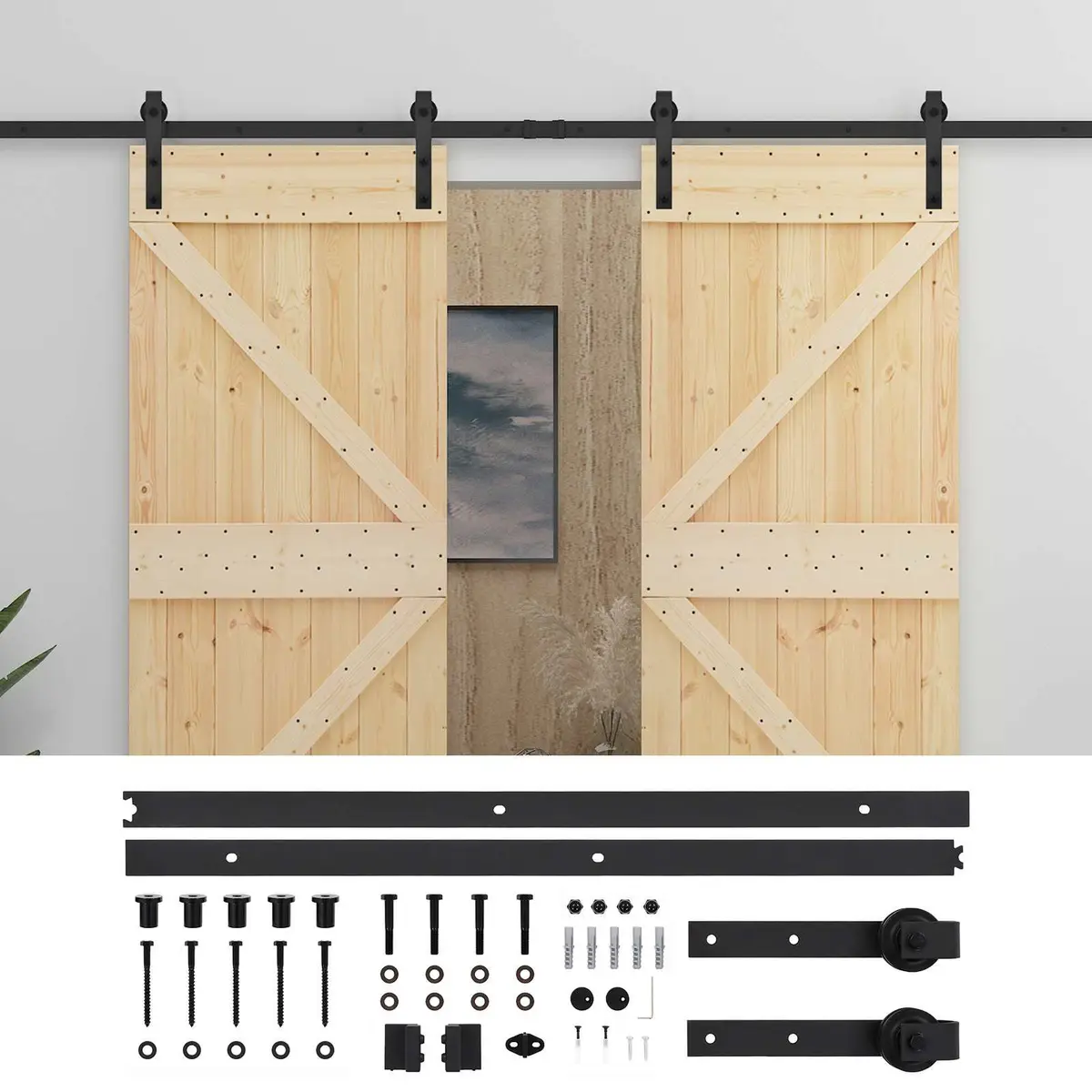 Sliding Door Solid Pine Wood 2 pcs Natural Black Modern Interior Room Divider
