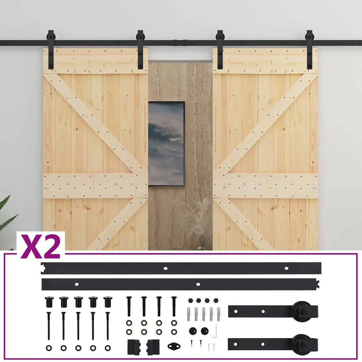 Sliding Door Solid Pine Wood 2 pcs Natural Black Modern Interior Room Divider