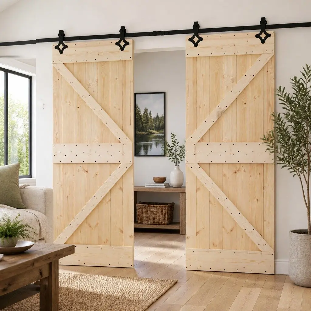 Sliding Door Solid Pine Wood Natural 2 pcs Modern Interior Room Divider