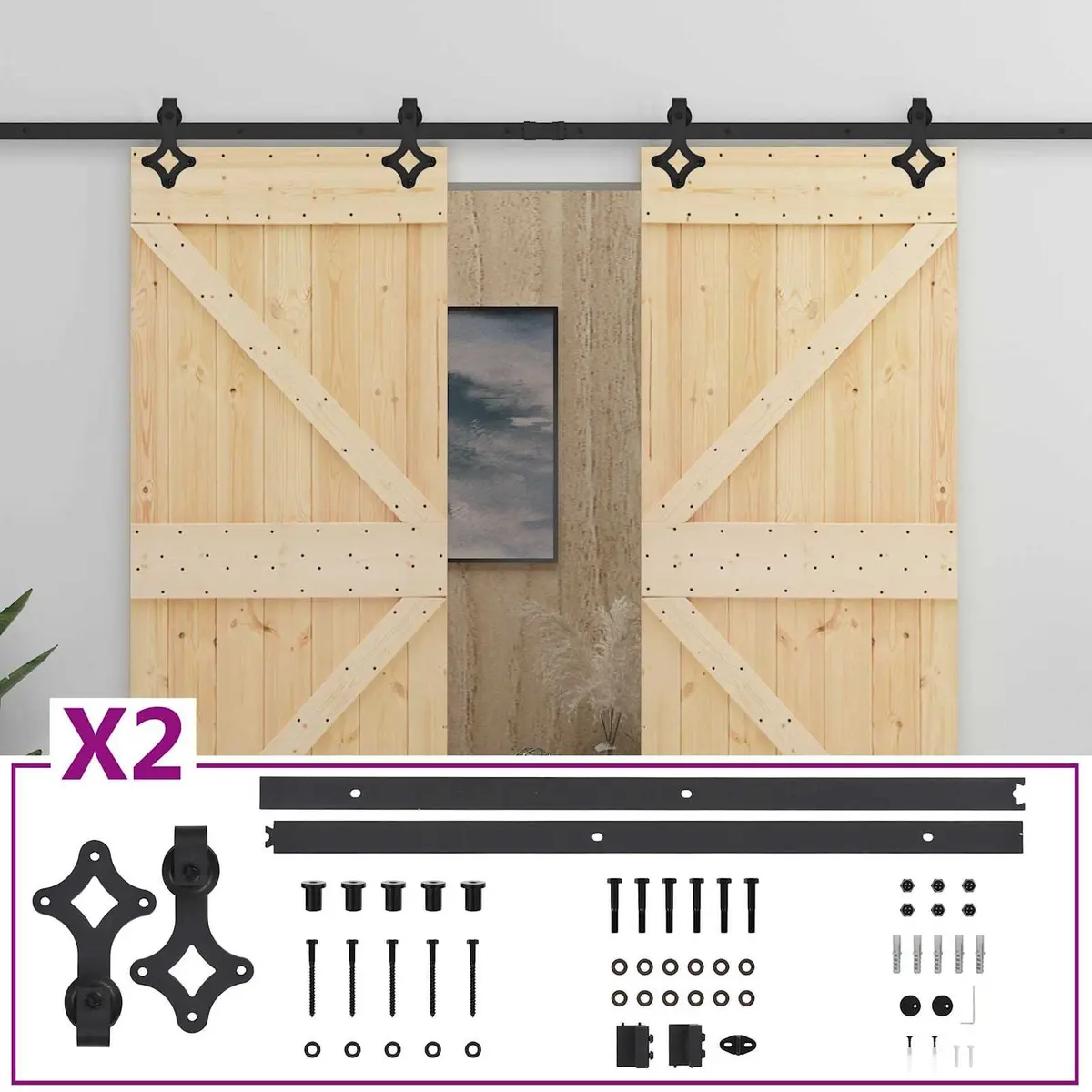 Sliding Door Solid Pine Wood Natural 2 pcs Modern Interior Room Divider