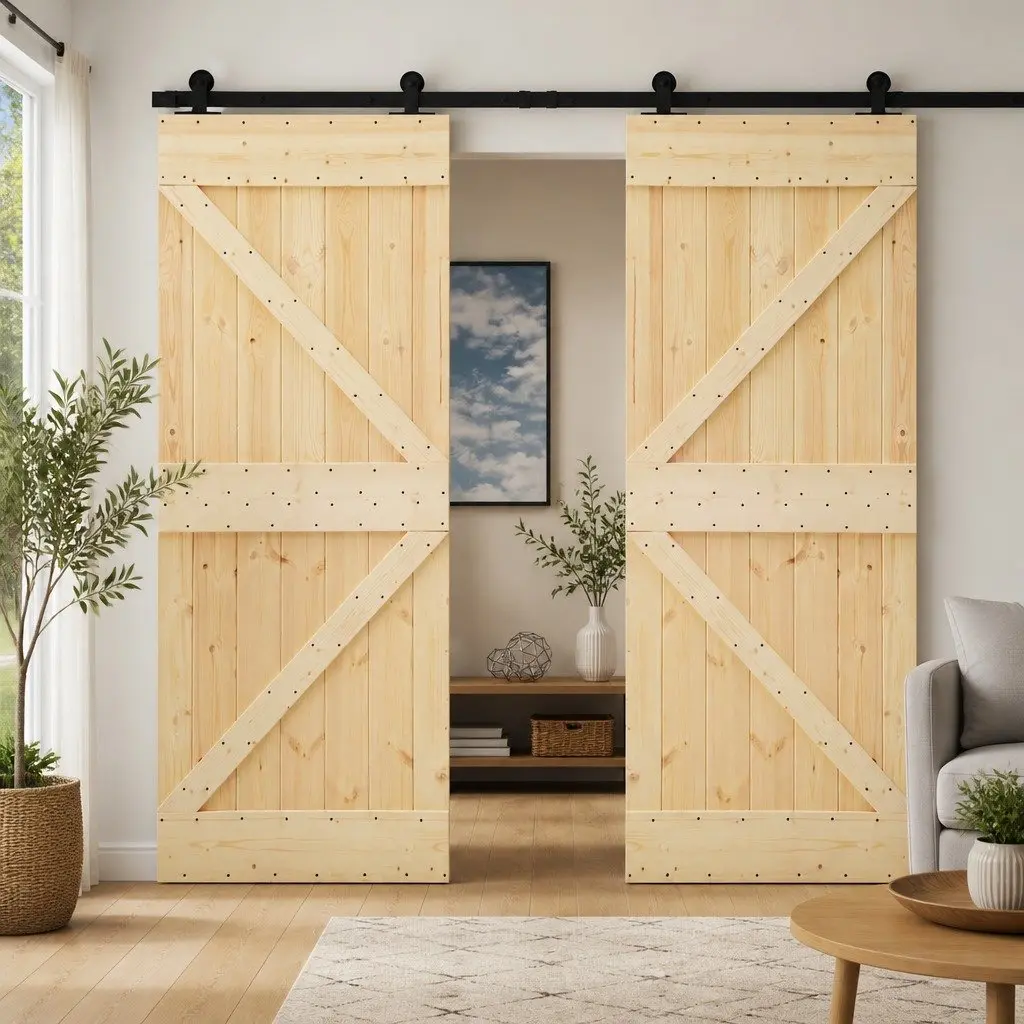 2 Piece Modern Room Divider Sliding Door Natural Black Solid Pine Wood Construction