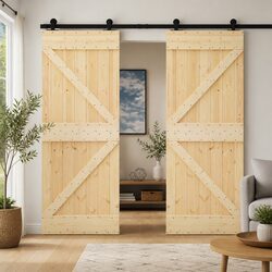 Sliding Door 2 Piece Solid Pine Wood Natural Black Modern Interior Room Divider