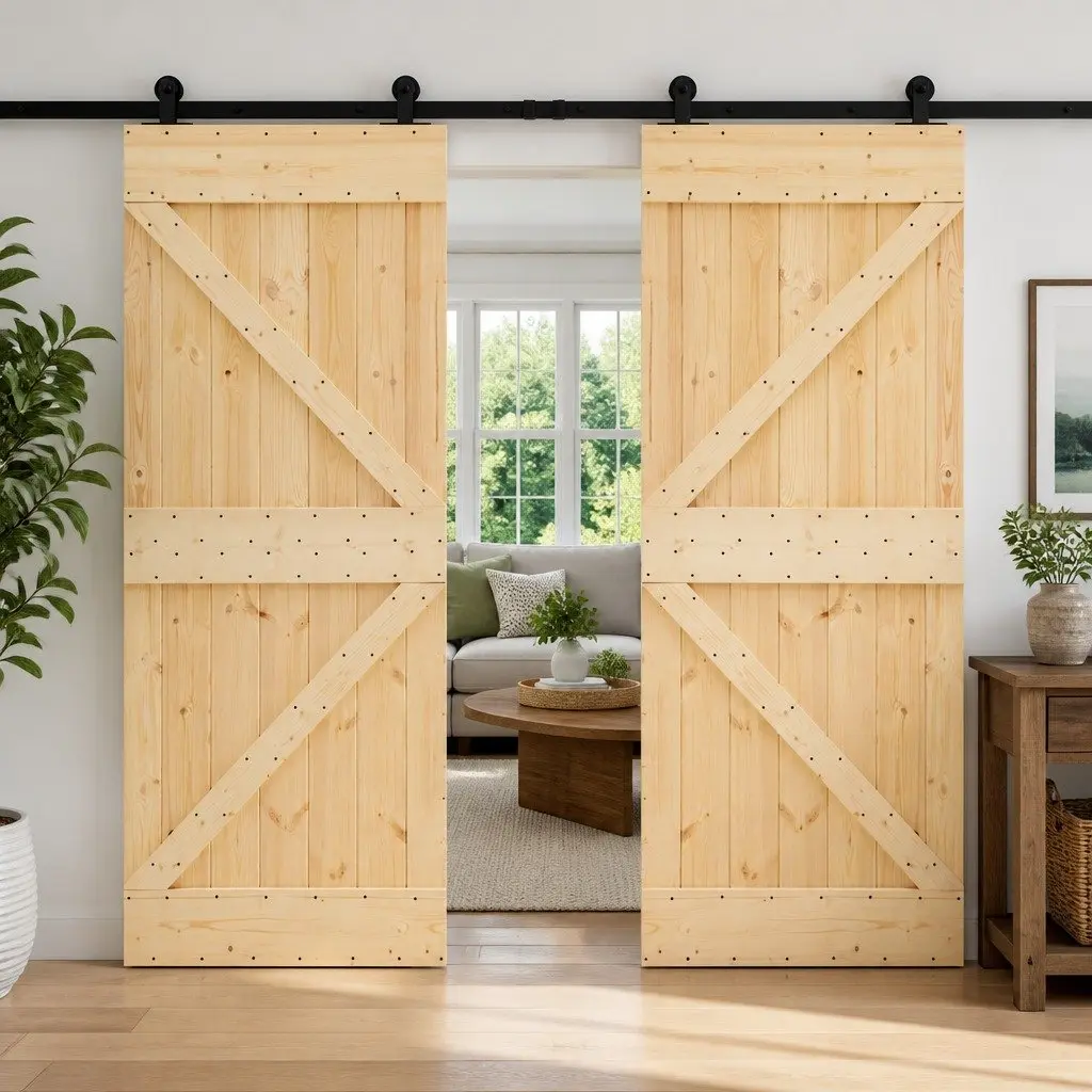 Solid Pine Wood Sliding Door Pair