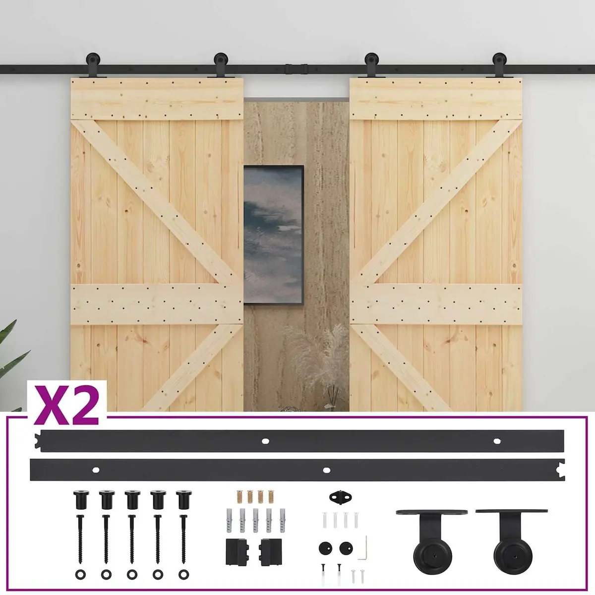 Solid Pine Wood Sliding Door Pair