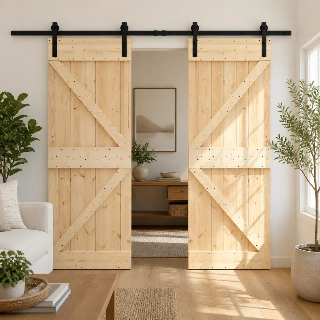 Sliding Door 2 Piece Solid Wood Brown Modern Room Divider Interior Space Saver