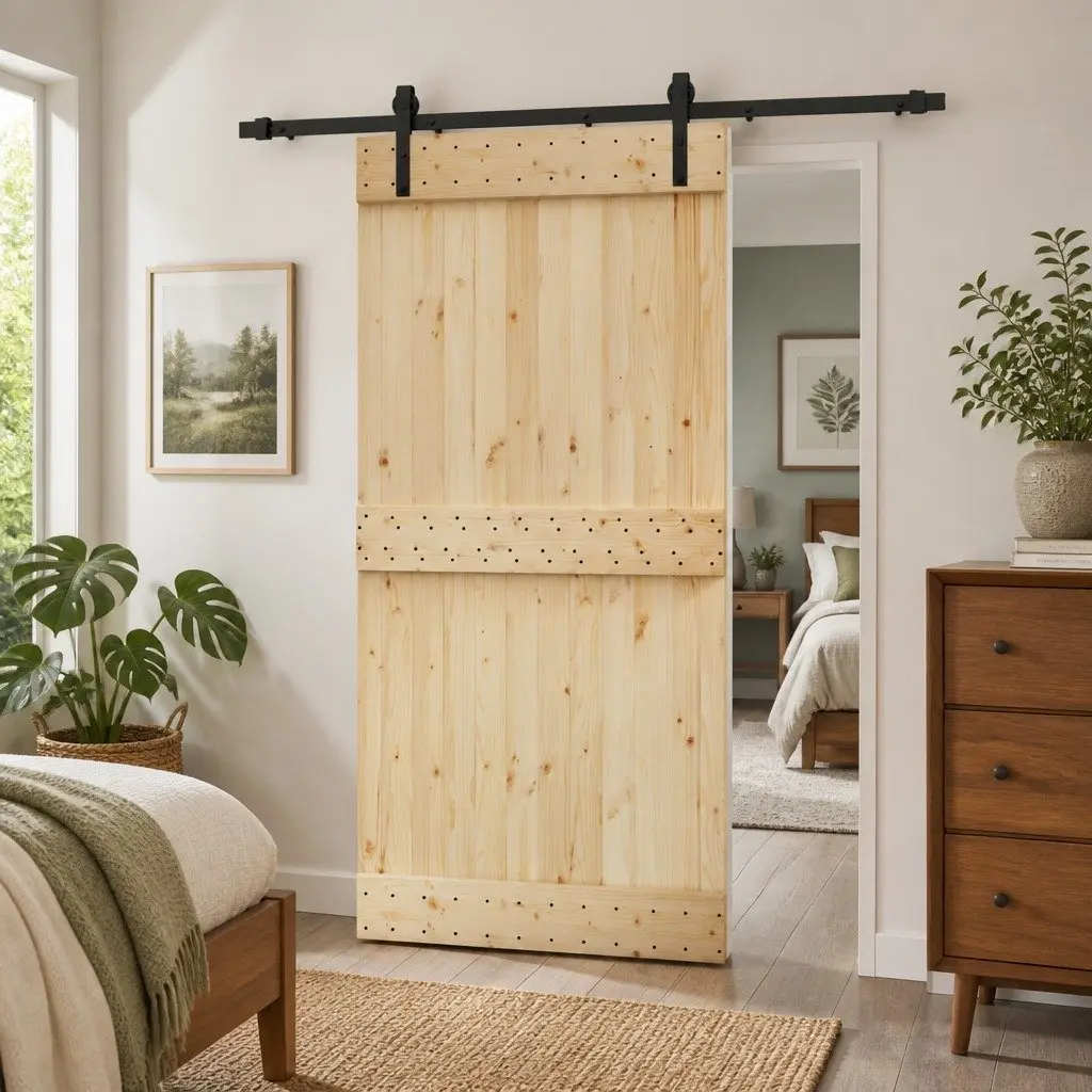 Sliding Door Natural Pine Wood Black Frame 100 x 210 cm Modern Room Divider