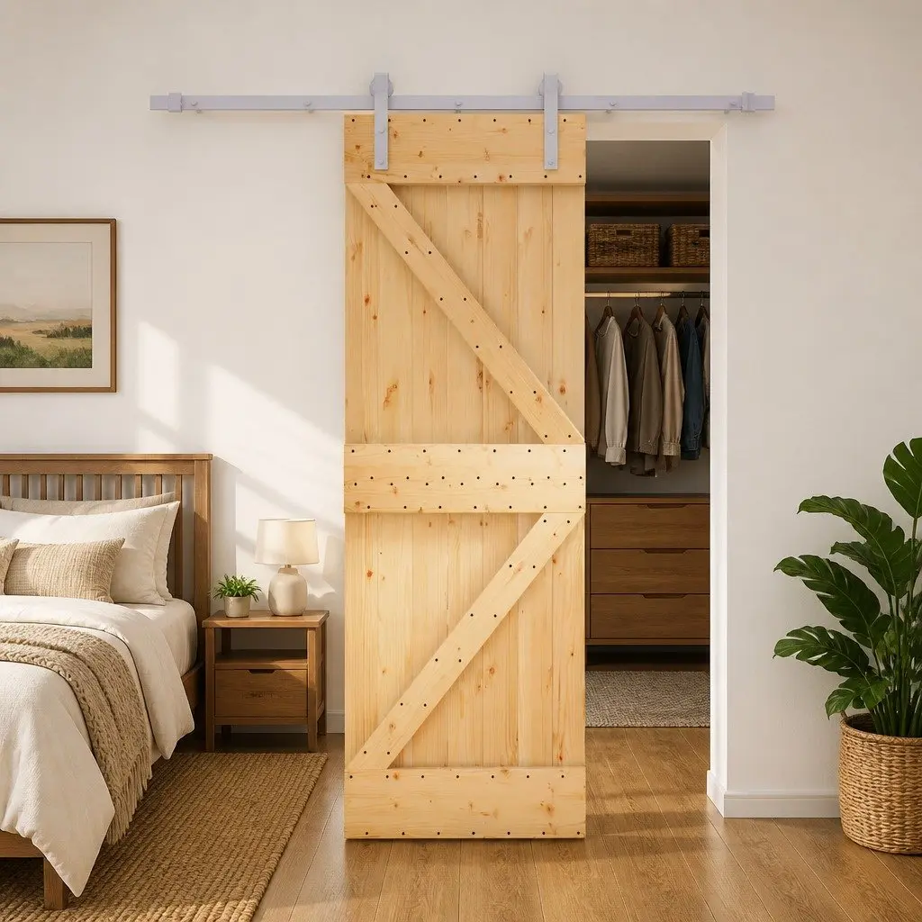 Pine Wood Sliding Door Solid 70x210 cm Modern Space Saver Top Track Mechanism