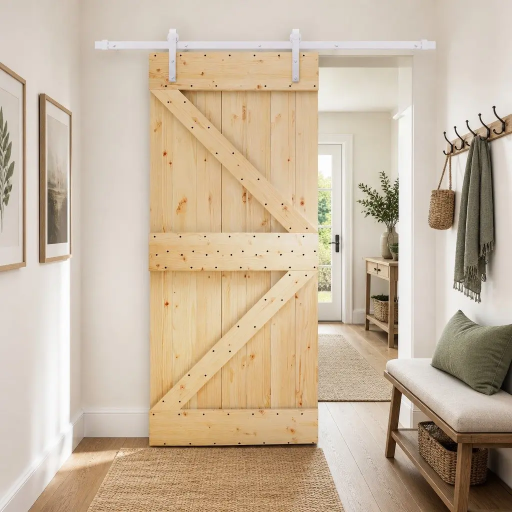 Sliding Door Natural White Solid Pine Wood Frame Modern Interior Space Saving