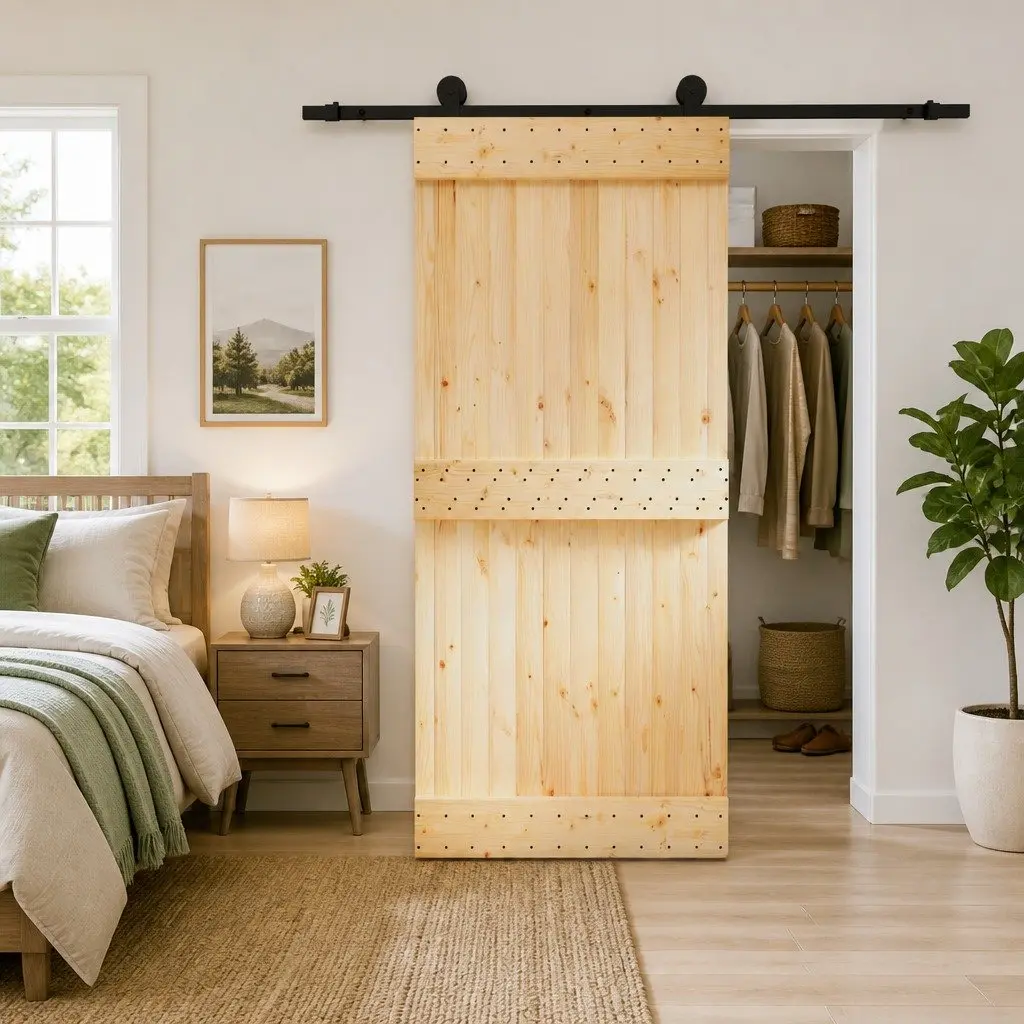 Sliding Door 90 x 210 cm Pine Wood Natural Black Modern Space-Saving Interior