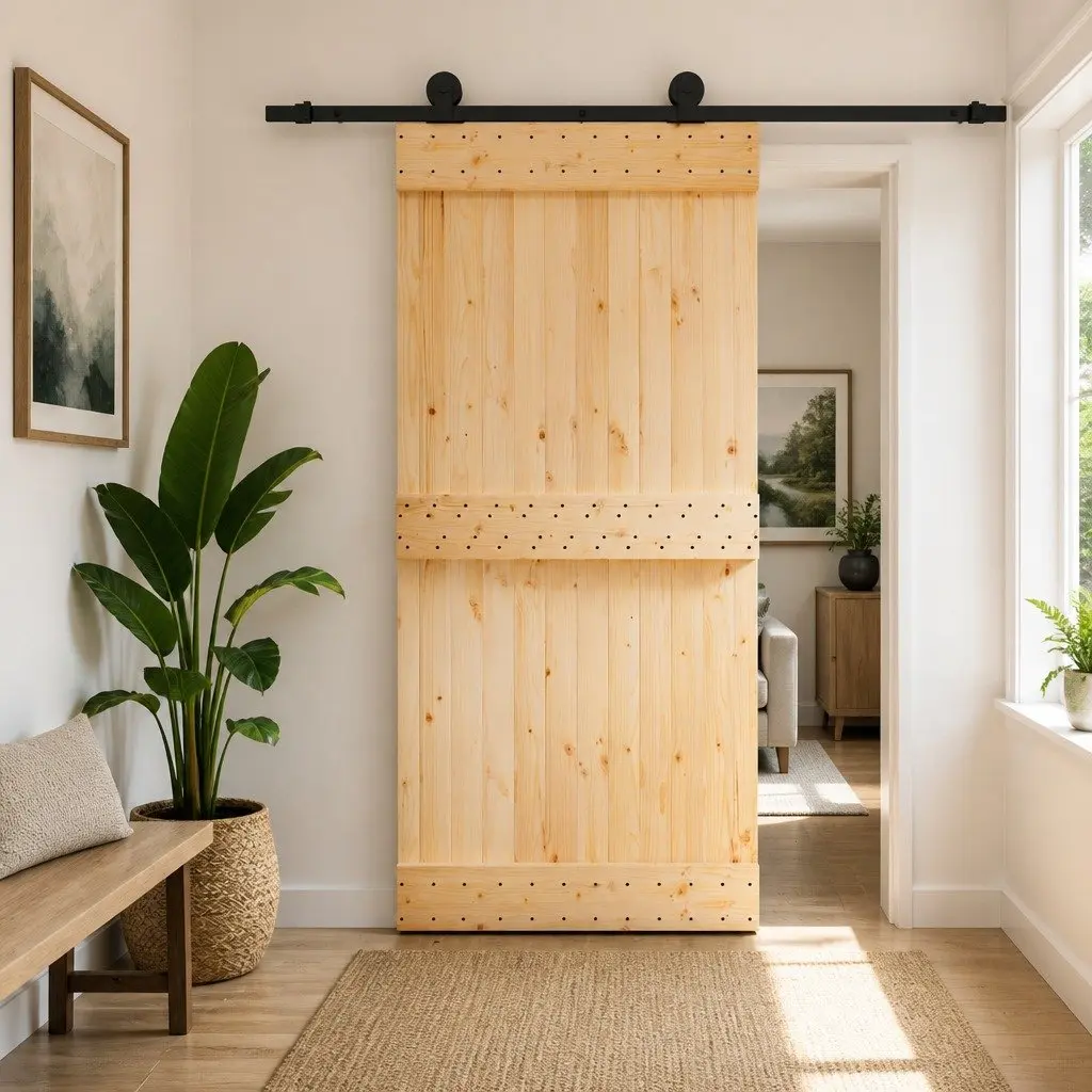 Solid Pine Wood Sliding Door Modern Space-Saving Interior Design 95x210cm