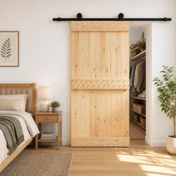 Sliding Door Solid Pine Wood Natural Brown Black Modern Space-Saving Room