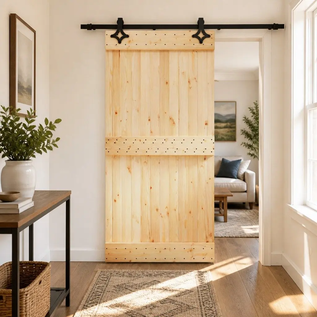 Sliding Door Solid Pine Wood 100x210cm Brown with Black Frame Modern Room Divider