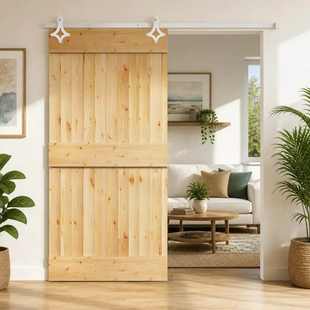 Sliding Door Solid Pine Wood 100 x 210 cm Natural White Space-Saving