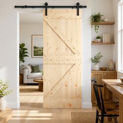 Sliding Door Natural Pine Wood Black Steel Track Space Saving Modern Interior