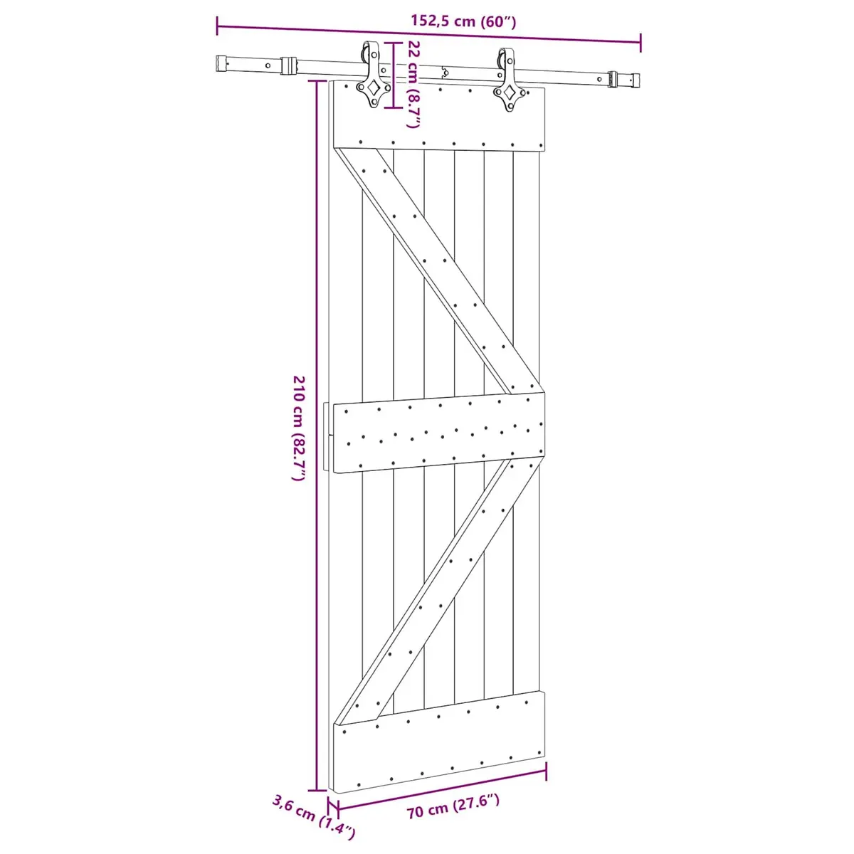 Room Divider Sliding Door Solid Pine Wood Black Steel Track 70x210cm