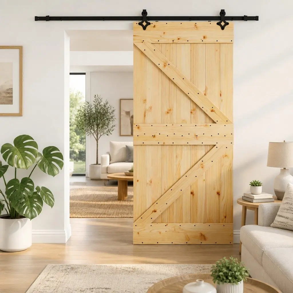 Sliding Door Natural Pine Wood 100x210cm Black Track Modern Room Divider