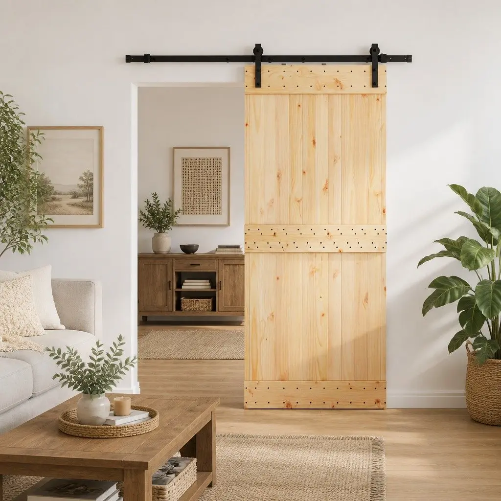 Sliding Door Pine Wood Black Frame 85 cm x 210 cm Natural Brown
