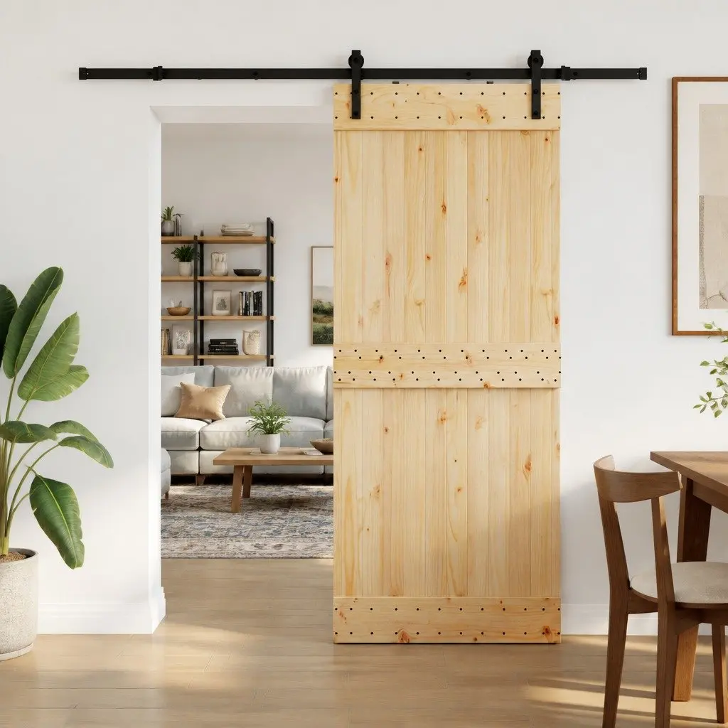 Sliding Door Pine Wood Natural Black Frame 85x210cm