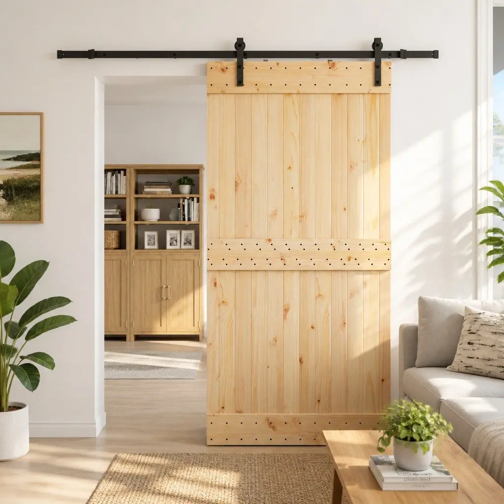 Sliding Door Solid Pine Wood Natural 100 x 210 cm Black Frame Modern Space-Saving