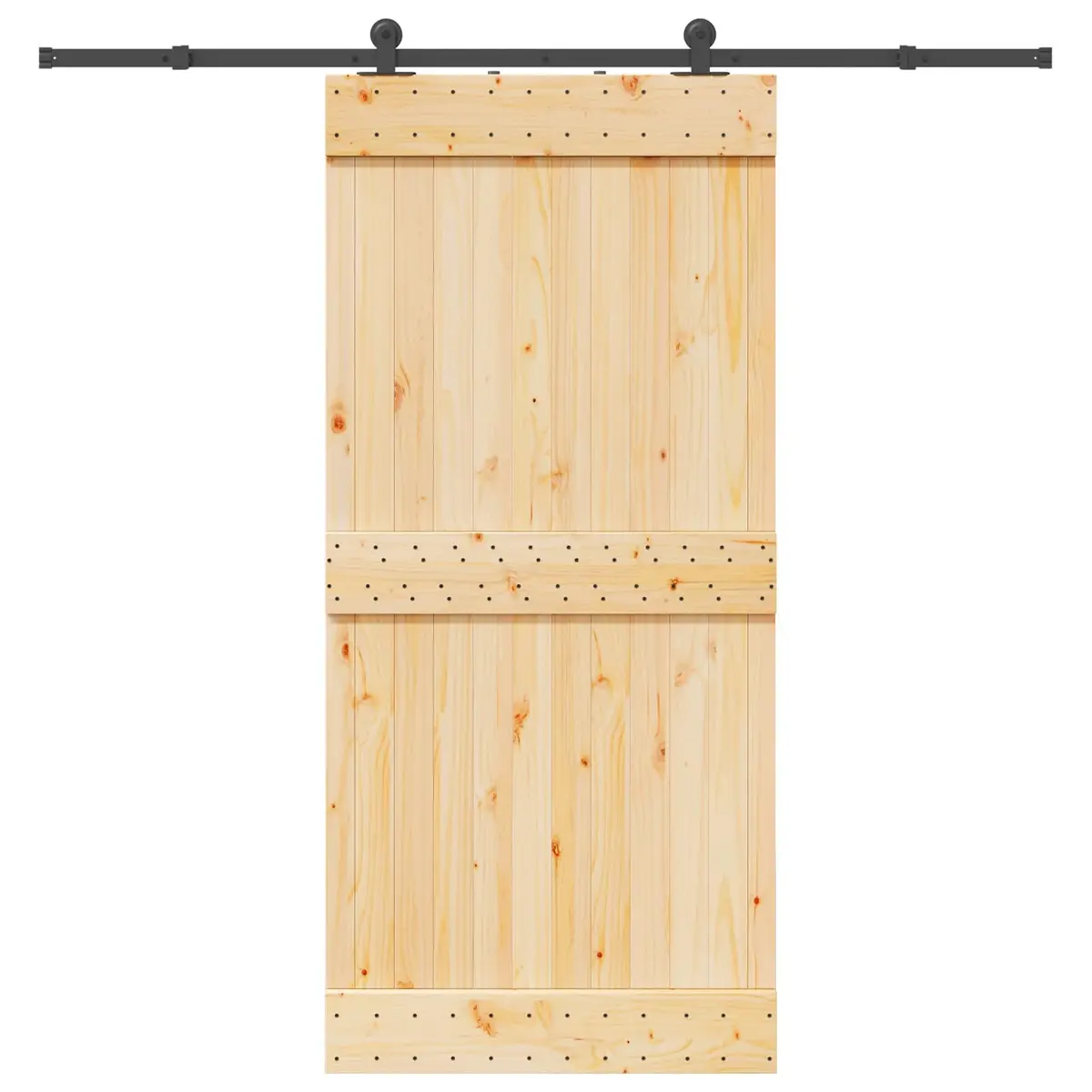 Sliding Door Natural Pine Wood Brown Powder-Coated Steel Track 95 x 210 cm Modern Space-Saving