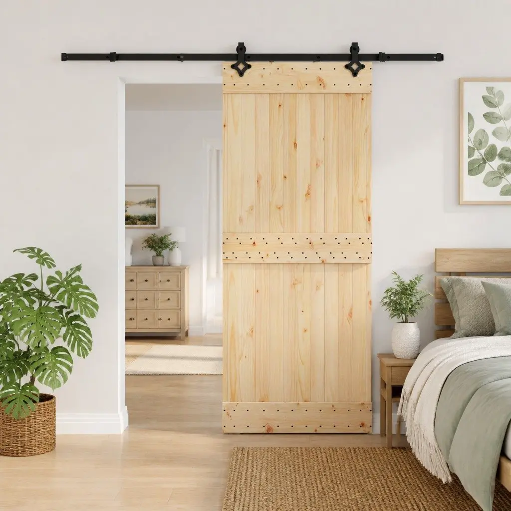 Sliding Door Solid Pine Wood 85x210cm Natural Black Track