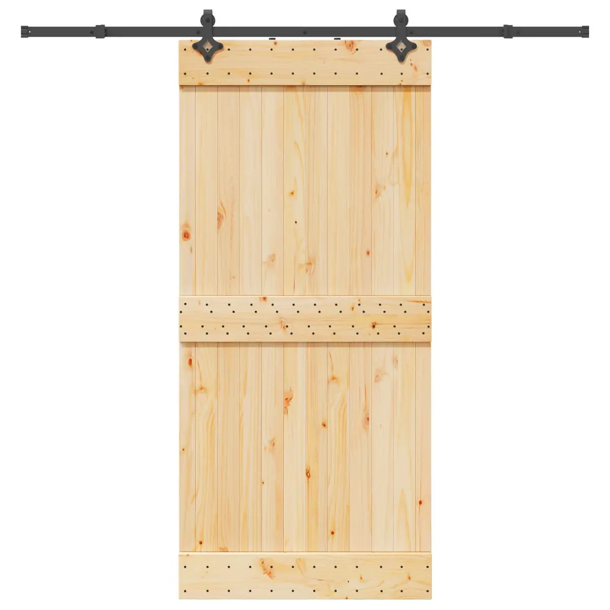 Sliding Door Solid Pine Wood 95 x 210 cm Natural Wood and Black Track