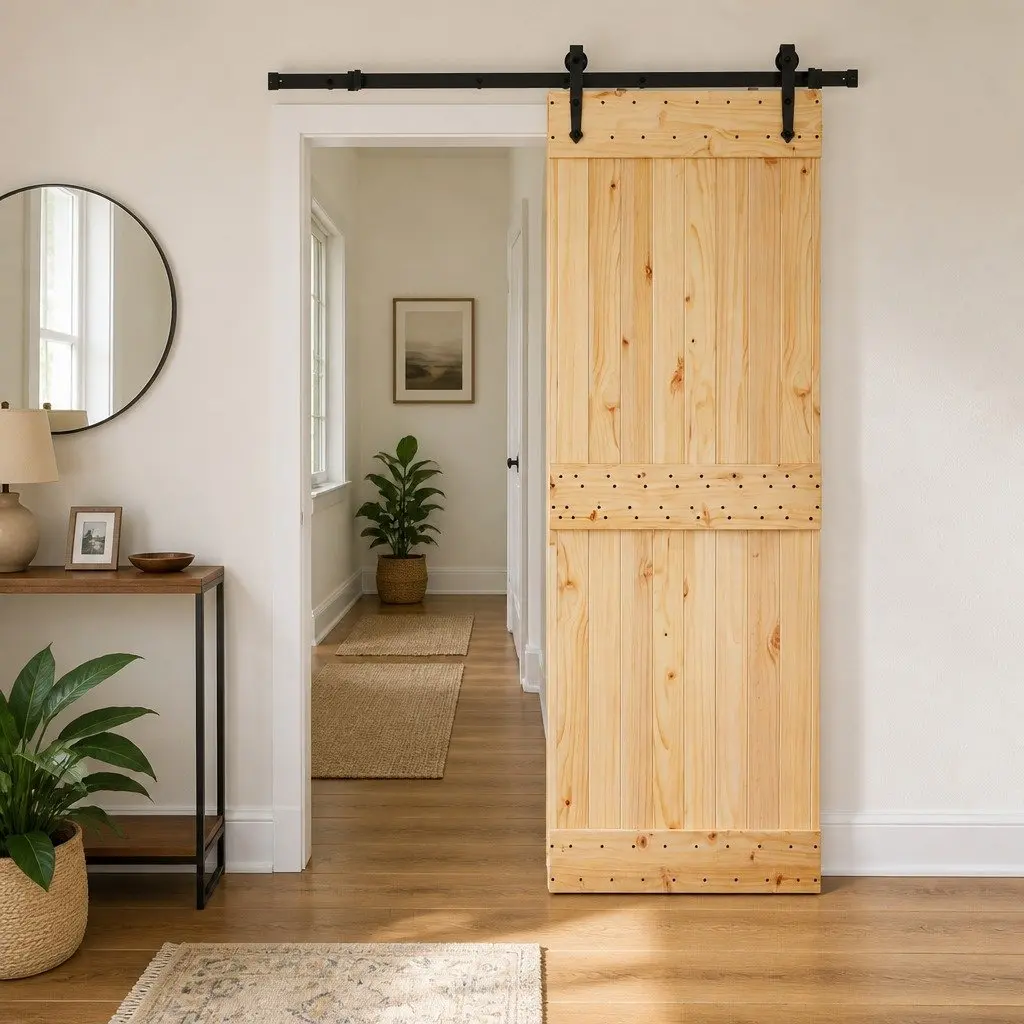 Sliding Door Natural Pine Wood Black Steel Track 70 x 210cm