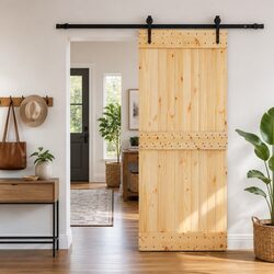 Sliding Door Modern Design Pine Wood Frame Black Track Space-Saving Room