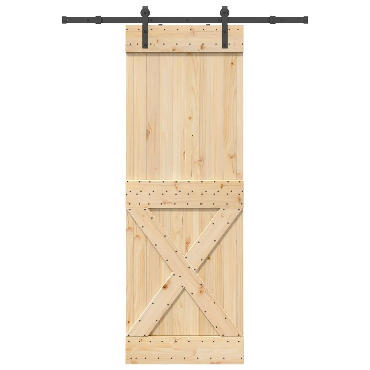 Sliding Door Solid Pine Wood Natural Black Steel Track 80x210cm