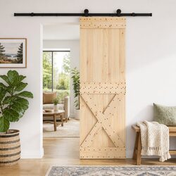 Sliding Door Natural Pine Wood Black Steel Track Space-Saving Modern Interior
