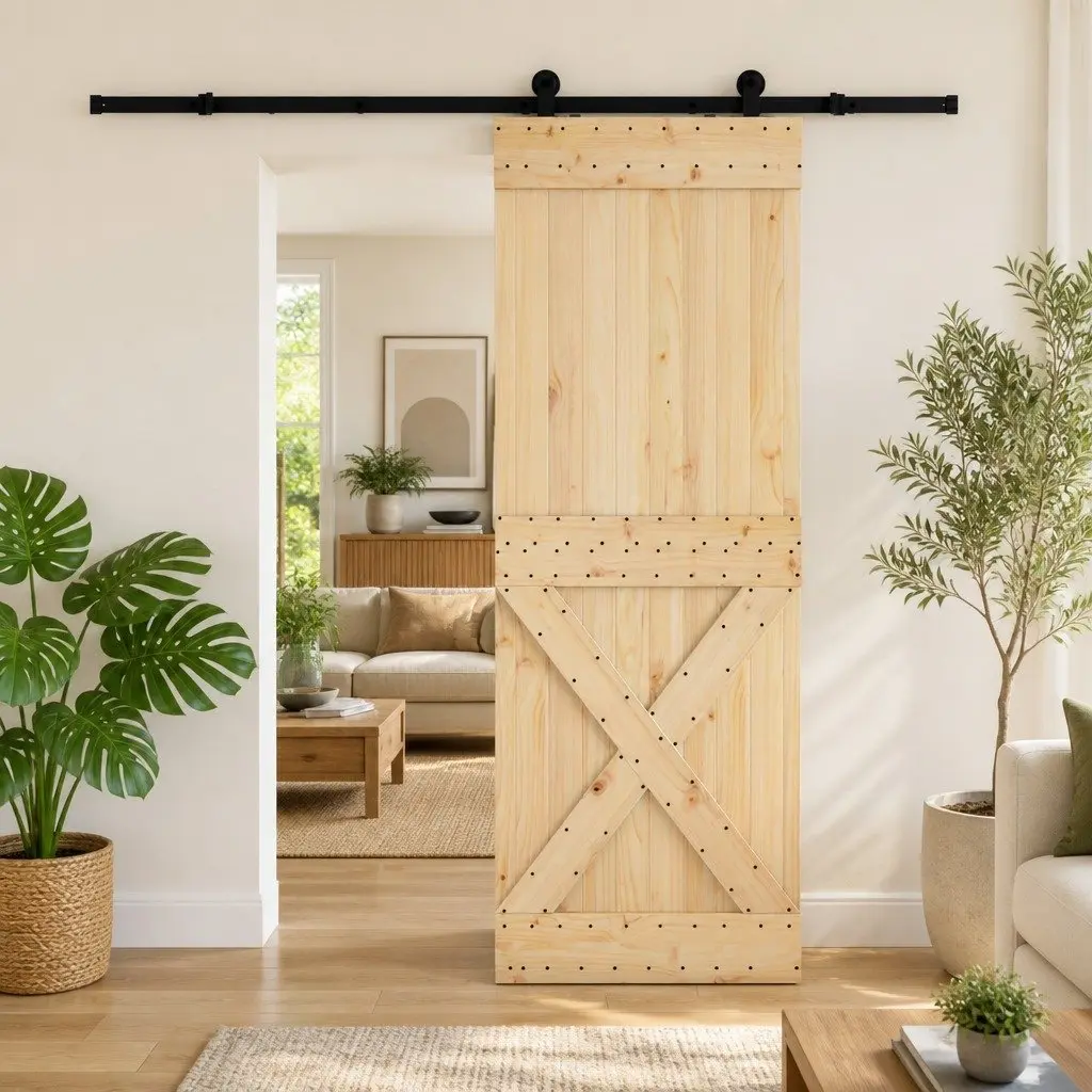 Sliding Door Natural Wood 80x210cm Black Track Modern Space-Saving Room Divider