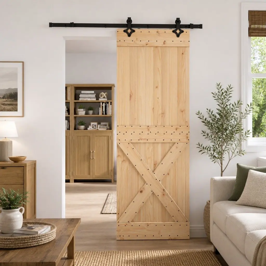 Sliding Door Solid Pine Wood 80 x 210 cm Natural Brown with Black Powder-coated Steel Track