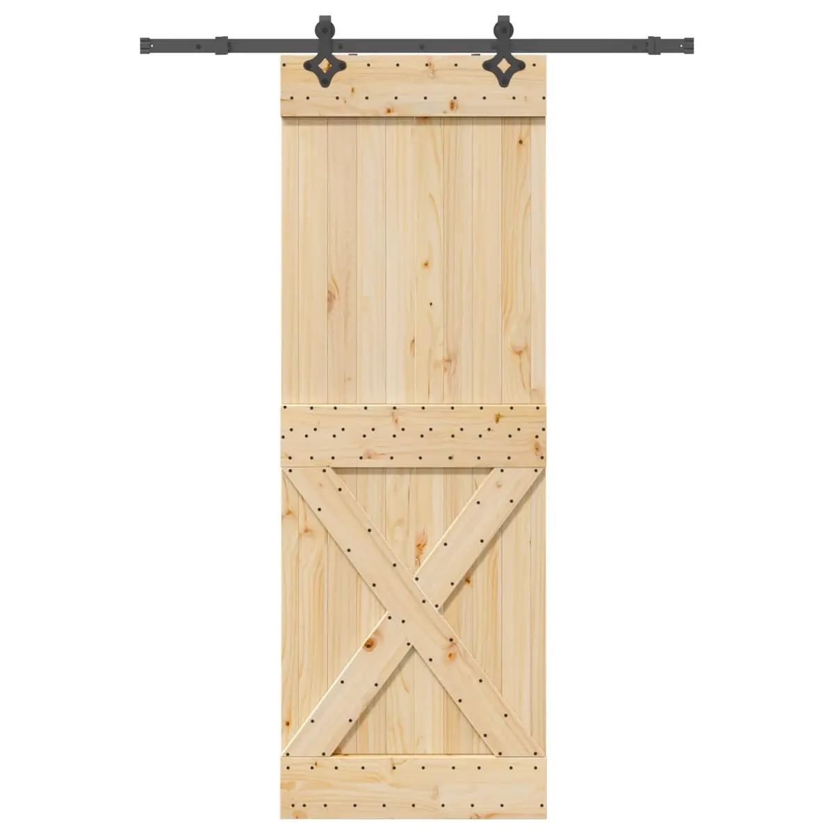 Sliding Door Solid Pine Wood 80 x 210 cm Natural Brown with Black Powder-coated Steel Track