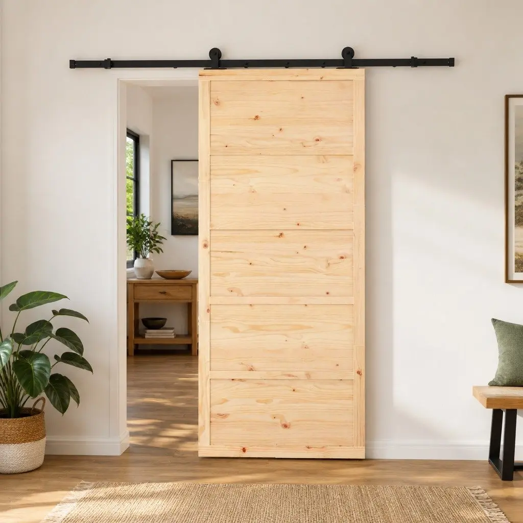 Sliding Door Brown 100 x 208 cm Solid Pine Wood with Top-Mounted Powder-Coated Steel Track