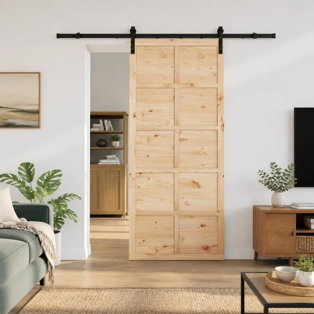 Sliding Door Solid Pine Wood 100 x 208 cm Natural Brown Modern Interior Room Divider