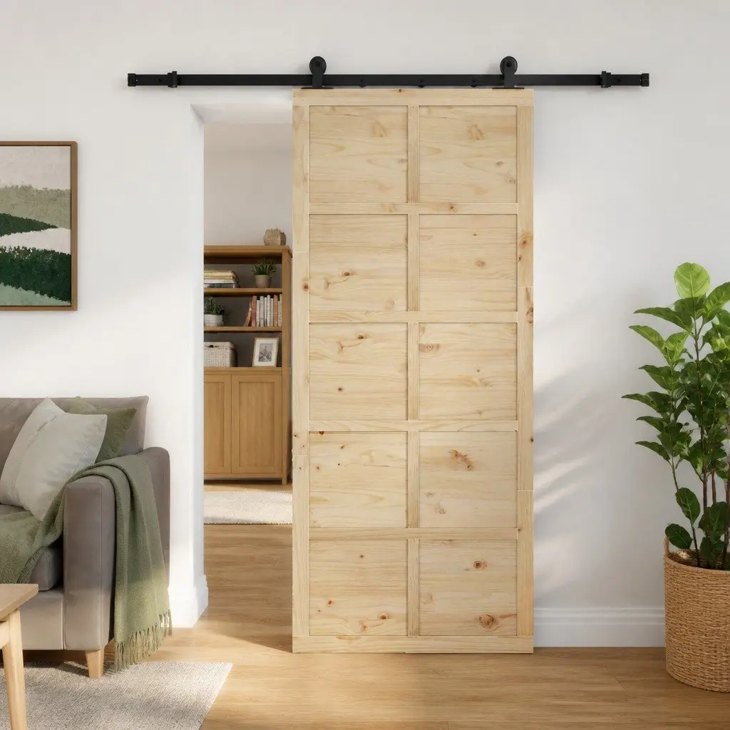 Sliding Door Solid Pine Wood 100 x 208 cm Brown Interior Room Divider Space Saving