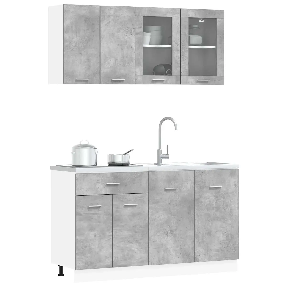 Kitchen Cabinet Set 4 Piece Grey Storage Unit Engineered Wood Drawers Shelves