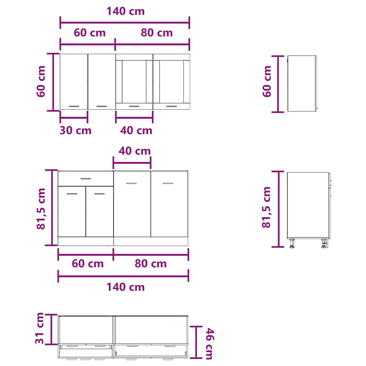 Kitchen Cabinet Set 4 Piece Grey Storage Unit Engineered Wood Drawers Shelves