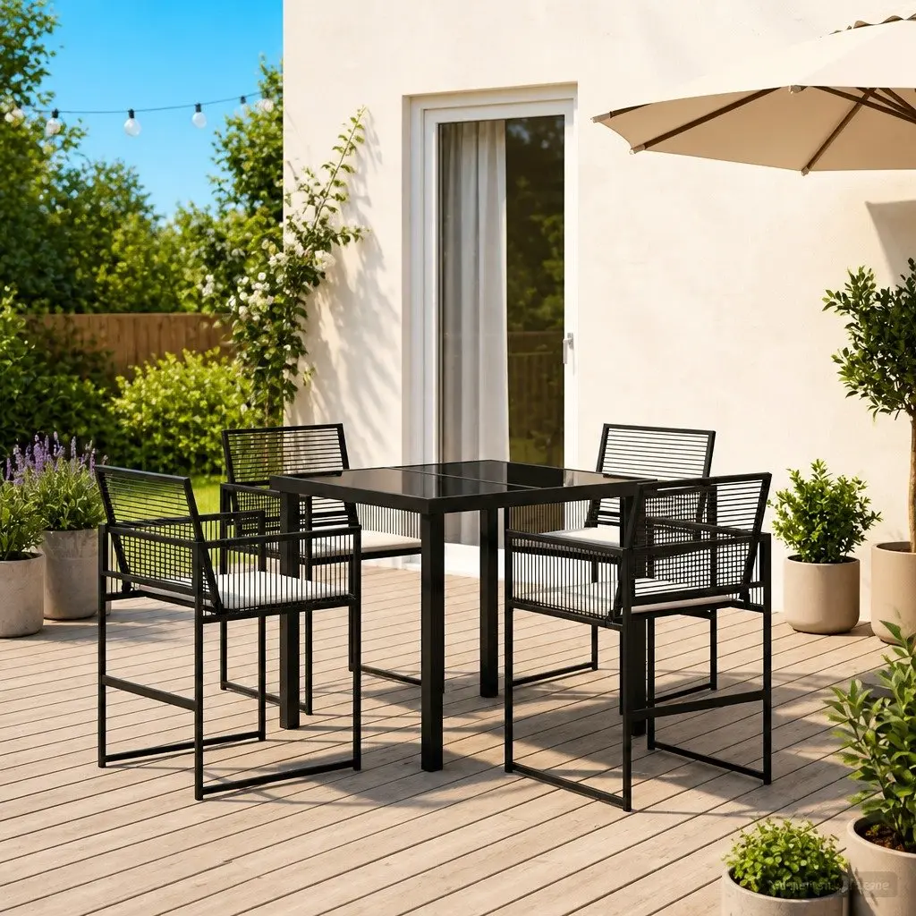 Outdoor Dining Set Poly Rattan 5 Piece Black with Glass Table
