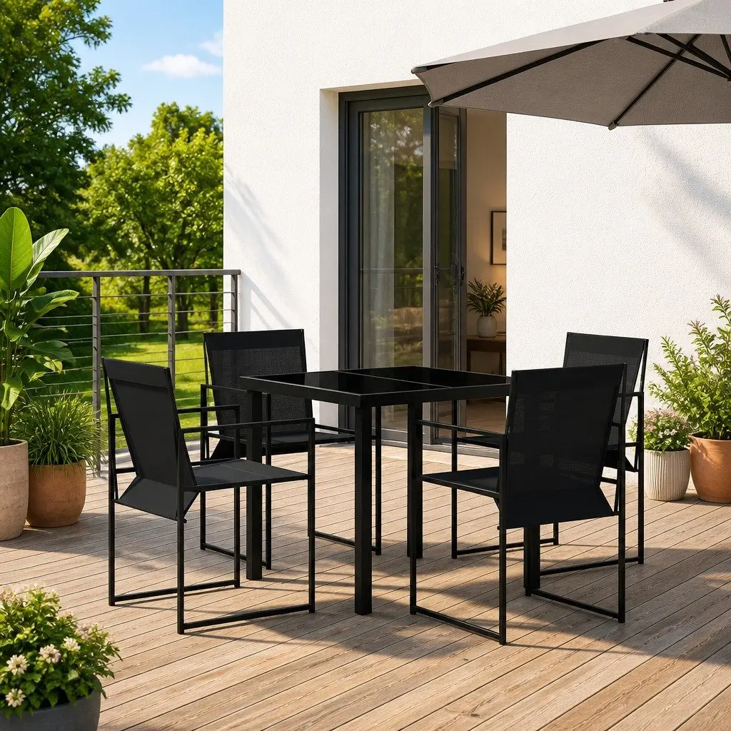 5 Piece Garden Dining Set Black Textilene Steel Outdoor Furniture with Tempered Glass Tabletop