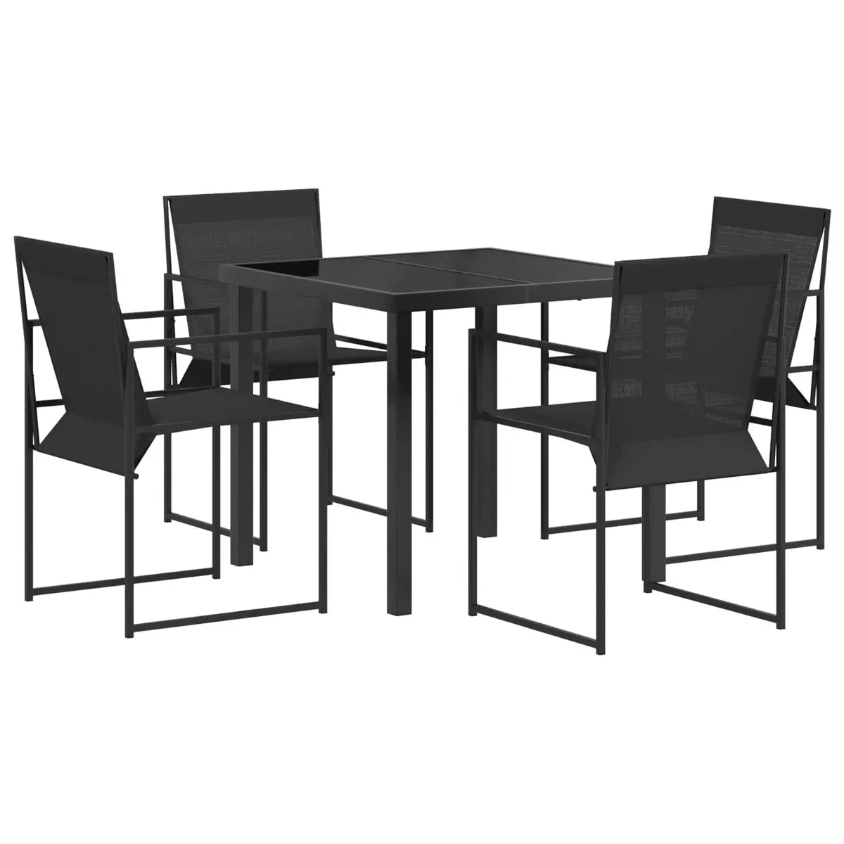 5 Piece Garden Dining Set Black Textilene Steel Outdoor Furniture with Tempered Glass Tabletop