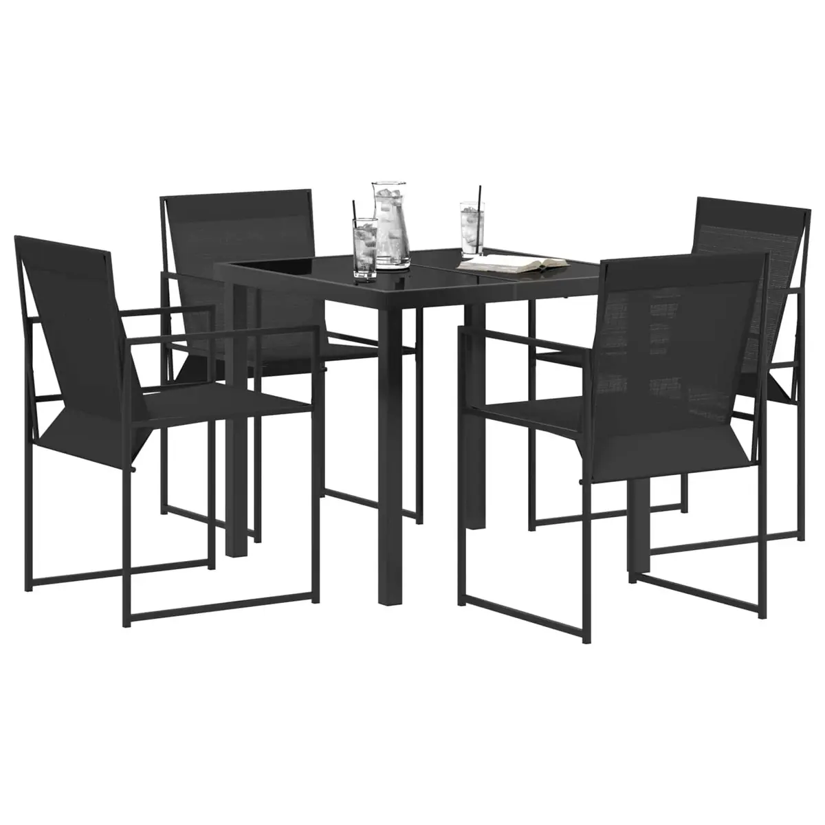 5 Piece Garden Dining Set Black Textilene Steel Outdoor Furniture with Tempered Glass Tabletop