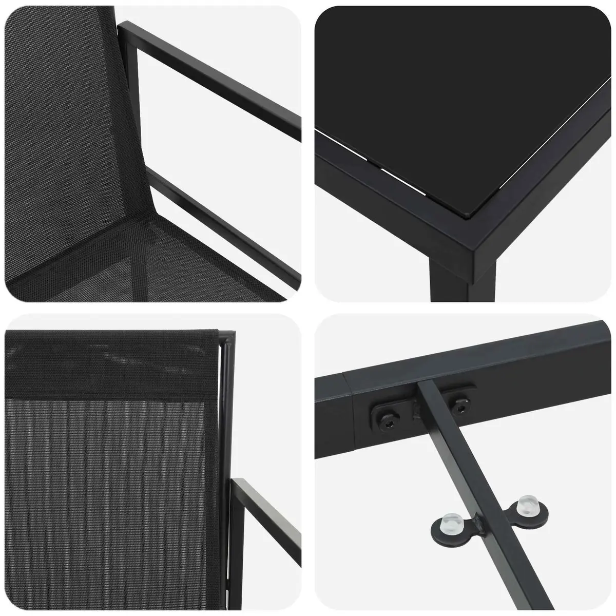 5 Piece Garden Dining Set Black Textilene Steel Outdoor Furniture with Tempered Glass Tabletop